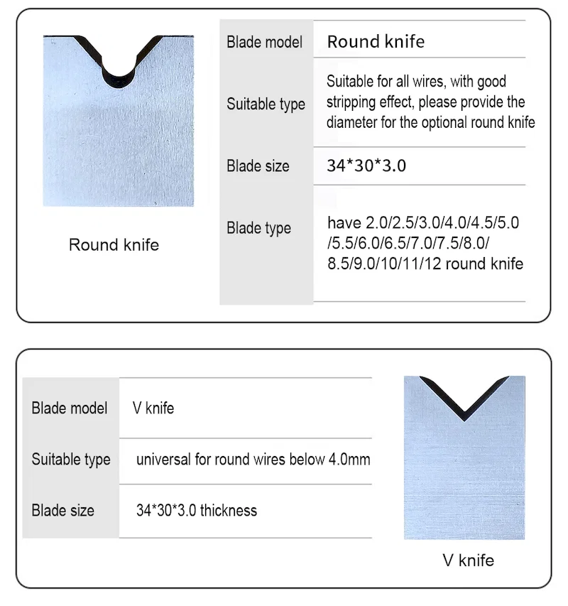  Lâmina pneumática do descascador do fio, várias ferramentas horizontais da máquina de esfola 305, facas 315 lisas, faca redonda da faca de V, faca de U, 310 acessórios 